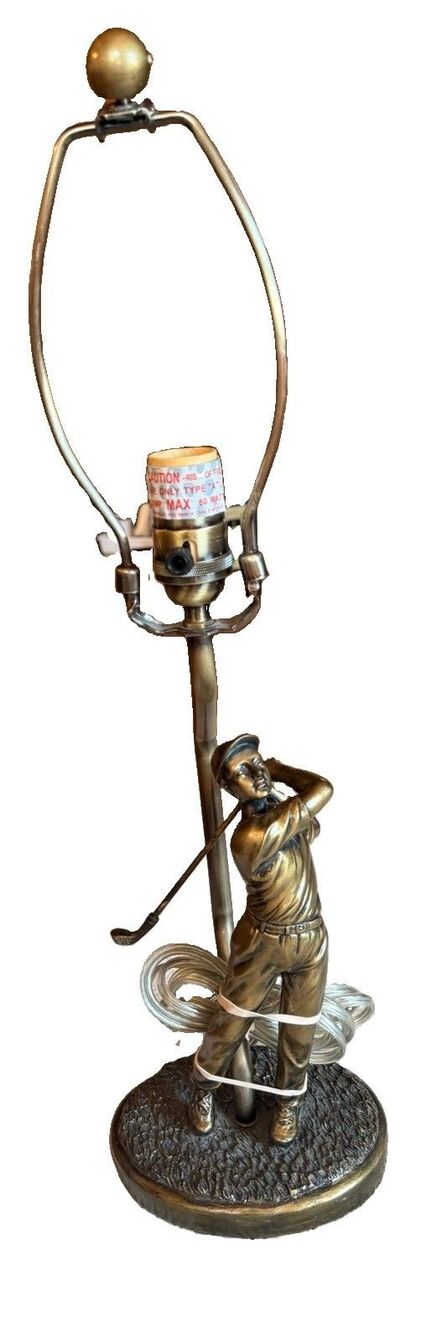 VINTAGE Heavy bronze figural TABLE LAMP of a golfer taking a swing